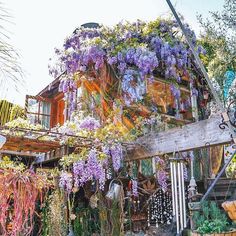 a house covered in purple flowers and hanging plants