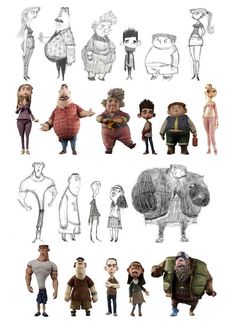 several different cartoon characters are shown in this drawing style, including one man and two women