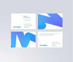 three business cards with blue shapes on them