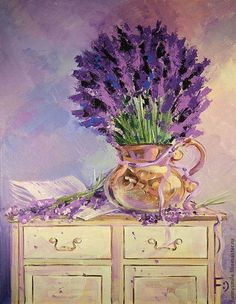 a painting of purple flowers in a vase on top of an old chest of drawers