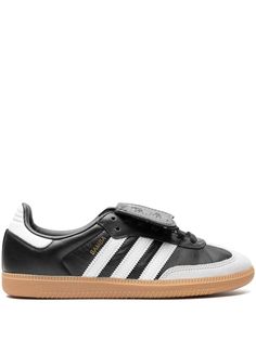 Samba OG sneaker by ADIDAS in black leather with white bands, suede details and brown rubber sole. This item is in size 10½ and the color is Black White Sneakers, Adidas Samba Og, White Band, Summer Beach Wear, Leather Logo, Logo Stamp, Adidas Samba, Nubuck Leather, Ballet Flat Shoes