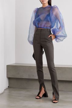 Transparent Shirt Outfit, Blouse Reference, Organza Tops Blouses, Organza Tops, Bottega Veneta Clutch, Peter Do, Organza Top, Oversize Sleeves