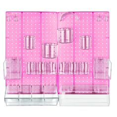 three clear containers with pink polka dots on them