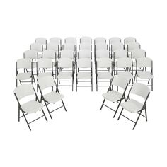 a large group of white chairs sitting next to each other on top of a white floor