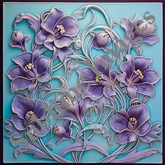 purple flowers are on a blue background with silver swirls and leaves in the center