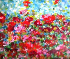 an abstract painting of red and pink flowers