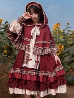 Little Red Riding Hood Long Sleeves Lolita Dress OP Red Riding Hood Outfit, Red Riding Hood Dress, Little Red Riding Hood Costume, Country Lolita, Era Victoria, Vintage Red Dress, Op Dress, Check Dress, Vestidos Vintage