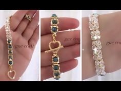 three pictures of different bracelets with diamonds and pearls on the wrist, one is in gold