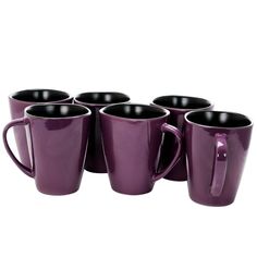 six purple coffee mugs sitting next to each other on a white surface with one cup in the middle