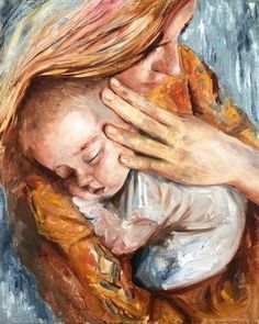 a painting of a woman holding a child in her arms, with one arm around the other's head