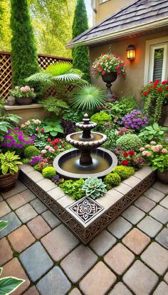 a garden with flowers, plants and a water fountain in the center is surrounded by brick pavers