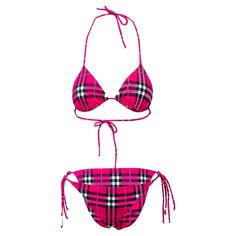 Upgrade your swimwear game with the Burberry Check Swimwear. This halterneck bikini set is made from a stretchy polyamide and elastane blend, featuring the iconic Burberry Check in a vibrant pink color. Remarks: Unused and in pristine condition. The measurements are an indication from brand's own size guide. The size is adjustable to fit. Bust:45.5;Waist:34.5;Hip:48 Material: 80% Polyamide 20% Elastane Triangl Swimwear, Latest Outfits, One Piece Swimwear, Check In, British Style, Chic Design, London Fashion Week, Pink Color, Fashion Brand