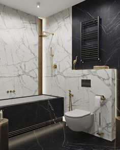 a bathroom with black and white marble walls