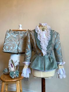 This listing is to have a one-of-a-kind rococo inspired suit custom made to your size! The suits start at £600 which includes a jacket, blouse, neck piece, and a bottom half of your choice e.g. trousers, shorts, skirt. I can also create matching accessories such as shoe clips, hair bows etc. I will design a piece specific to you and your style, which is one-off and bespoke. Here's why... I only work with second hand and/or dead-stock fabrics and materials to create my pieces, as sustainability i Elegant Fitted Suits For Costume, Rococo Fashion, Fairy Wedding Dress, Jacket Blouse, Blouse Neck, Wedding Suit, Mode Inspo, Alternative Wedding, Women's Costumes