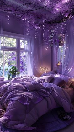 a bed with purple sheets and pillows in front of a large window that has curtains on it