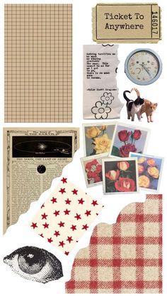 a collage of different items including pictures and words on paper with an image of a cat