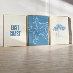 three framed art prints with the words east coast and starfish