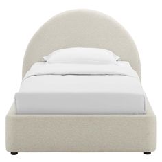 a bed with a white headboard and pillows on it's sides, in front of a white background