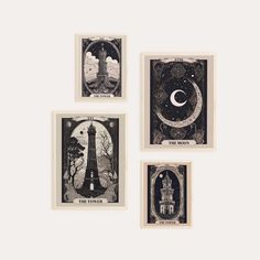 four different types of art work hanging on a wall with the moon and stars above them