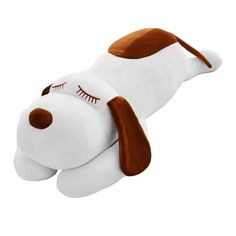 a stuffed dog with eyelashes on it's head and eyes closed, laying down