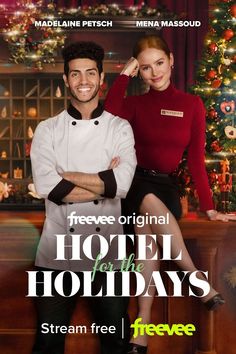 a movie poster for hotel the holidays with a man and woman in front of a christmas tree