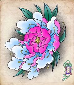 a drawing of a pink and blue flower