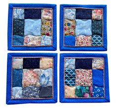 Handmade Quilted Coasters Set of 4, Blue Coasters Fabric, Cloth Coasters, Quilted Mug Rug, Quilted Coasters, Pretend Food, Mug Coaster, Handmade Baby Quilts, Fabric Coasters, Handmade Coasters