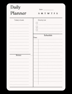 a daily planner is shown in black and white