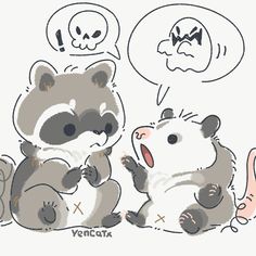 two raccoons sitting next to each other with speech bubbles above them