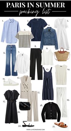 21 graphic clothing pieces for what to pack for Paris in summer Summer Outfits Classic Style, French Summer Style Parisian Chic, Elevated Casual Outfit Summer, Travel Clothing, Paris Packing List Summer, Paris Travel Tips Packing Lists, Packing For French Riviera Summer, Paris Summer Outfits Parisian Chic, Packing For Paris In September