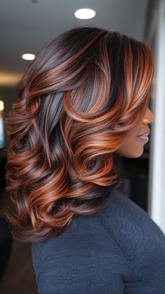 💫🦋 Craft the Extraordinary Colors For Dark Skin fall hair colors copper highlights | Profession... Brown Hair With Copper Balayage, Adult Hairstyles, Body Glamour, Fall Hair Colors Copper, Highlights On Black Hair, Auburn Hair Color, Hair Color For Dark Skin, Highlight Ideas, Funky Hair