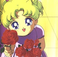 an anime character holding roses in her hand