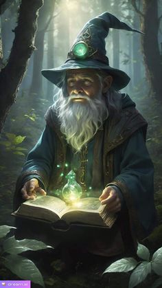 an old wizard reading a book in the woods with green eyes and a hat on