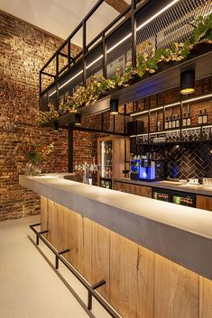 a bar with brick walls and plants on the top shelf, along with metal railings