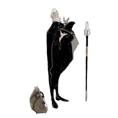 a drawing of a black cat with a hat and cane next to a handbag