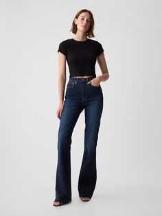 High Rise '70s Flare Jeans Ultra High Rise Flare Jeans, 70s High Waisted Jeans, Ultra High Rise Jeans Outfit, Super High Rise Jeans, Flare Jeans Petite Women, Flared Jeans High Waisted, Dark Blue Flare Jeans Outfit, Pants And Boots Outfit, Jeans Mid Size