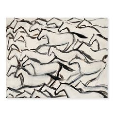 an abstract painting with black and white horses in the snow, on a white background