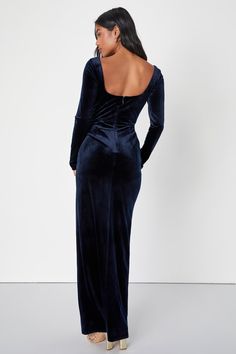 You'll always look like your most elegant self when you slip into the Lulus Forever Sensational Navy Blue Velvet Long Sleeve Maxi Dress! Stretchy, luxe velvet shapes this dreamy dress that features a princess-seamed bodice, a flirty sweetheart neckline, and long sleeves. The high, fitted waist tops a figure-skimming skirt with a tulip-style silhouette that gathers at the side and falls to a sweeping maxi hem. Hidden back zipper/clasp. Fit: This garment fits true to size. Length: Floor length. Size medium measures 59.5" from shoulder to hem. Bust: Great for any cup size. Waist: Fitted - very fitted at natural waist. Hip: Fitted - stretchy fabric allows room for hips. Undergarments: May be worn with a strapless bra, adhesive bra, petals, or no bra. Fabric: Fabric is very stretchy. Lined. She Velvet Dress With Fitted Bodice For Prom, Elegant Long Sleeve Velvet Gala Dress, Velvet Floor-length Dress With Fitted Bodice, Fitted Bodice Velvet Dress For Gala, Velvet Dress With Fitted Bodice For Gala, Velvet Gala Dress With Fitted Bodice, Elegant Velvet Dress For Gala, Elegant Velvet Gala Dress, Glamorous Velvet Wedding Dress