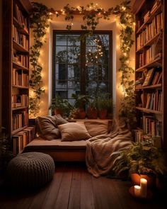 a living room filled with lots of books and plants next to a window covered in lights