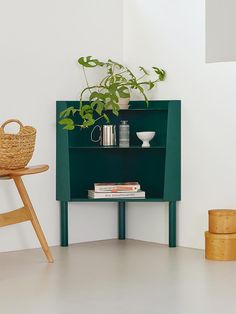 a green shelf with some plants on top of it next to a chair and table