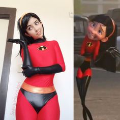 a woman in a red and black costume next to an image of a cartoon character