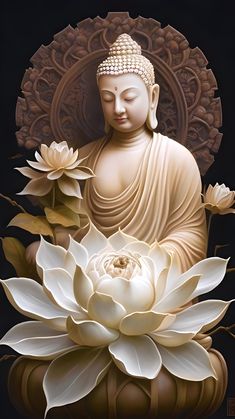 the buddha statue is surrounded by white flowers