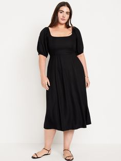 scoop neck short sleeves elasticized cuffs seamed waist smocked back fitted at top with a full skirt hits mid-calf models are approx.  5'9" and wear sizes s (4), l (12), and xl (18)machine wash according to the care instruction label