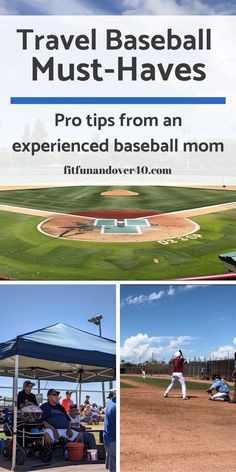 a baseball field with the words travel baseball must - haves on it and pictures of players