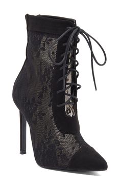 Sheer lace construction offer a sultry update in a slim boot elevated by a stiletto heel with a lace-up vamp. 4" heel Textile and synthetic upper/synthetic lining/rubber sole Imported Classic Slippers, Ugg Classic, Halloween Fashion, Sweaters And Leggings, Baby Girl Shoes, Sheer Lace, Lace Boots, Boot Shoes Women, Girls Shoes