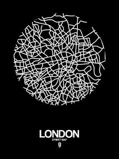 the london street map in black and white on a dark background, with text that reads london