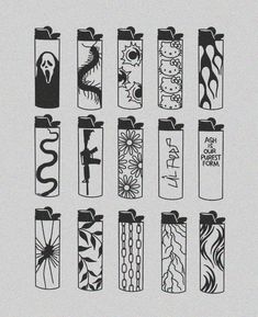 six lighters with different designs on them, all in black and white color scheme