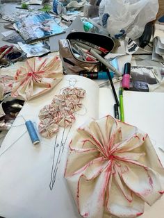 the table is covered with paper and crafting supplies