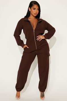 Available In Brown, Ivory, And Sage. Cargo Jumpsuit Mock Neck Zip Front Long Sleeve Pockets Jogger Stretch Self: 95% Polyester 5% Spandex Lining: 100% Polyester Imported | Full Day Off Jumpsuit in Brown size 1X by Fashion Nova Travel Outfits For Women, Cargo Jumpsuit, Jean Accessories, Cute Comfy Outfits, Jumpsuit Fashion, Gal Gadot, Brown Fashion, Matching Dresses, Day Off