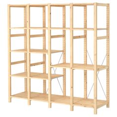 a wooden shelving unit with four shelves